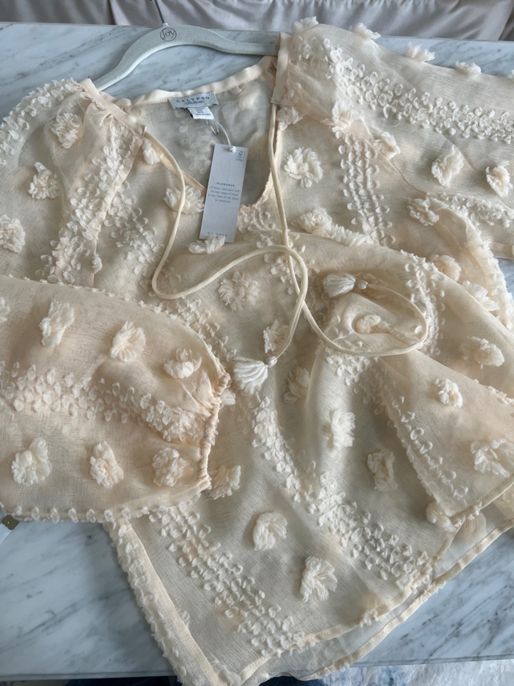 NWT Calypso St. Barth Sheer Pom-Pom Peasant Top - Pale Pink - Picture 9 of 9